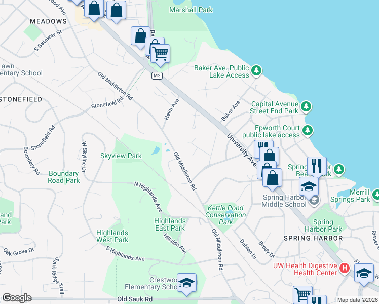map of restaurants, bars, coffee shops, grocery stores, and more near 5825 Julia Street in Madison