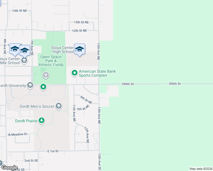 map of restaurants, bars, coffee shops, grocery stores, and more near 1348 7th Avenue Southeast in Sioux Center