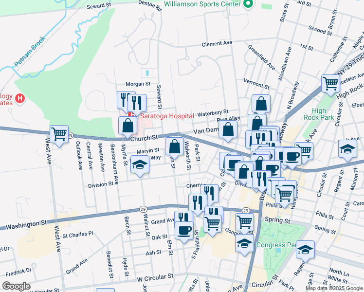 map of restaurants, bars, coffee shops, grocery stores, and more near 101 Walworth Street in Saratoga Springs