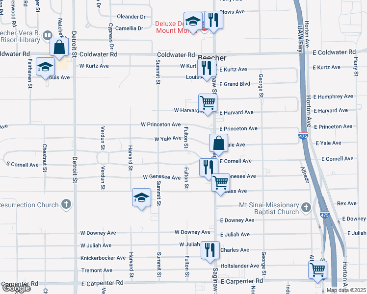 map of restaurants, bars, coffee shops, grocery stores, and more near 1080 North Cornell Avenue in Flint