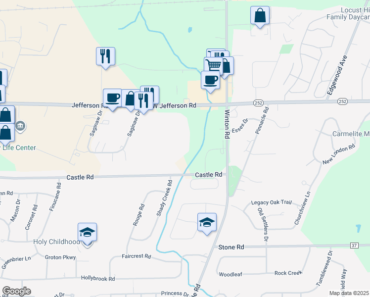 map of restaurants, bars, coffee shops, grocery stores, and more near 1565 Jefferson Road in Rochester