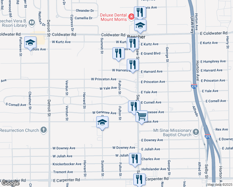 map of restaurants, bars, coffee shops, grocery stores, and more near 1080 North Cornell Avenue in Flint