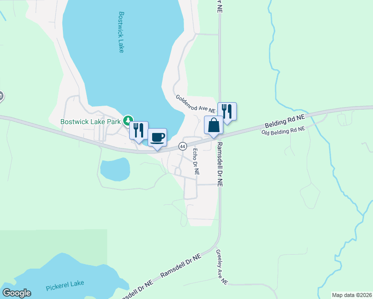 map of restaurants, bars, coffee shops, grocery stores, and more near 6676 Naontah Trail Northeast in Rockford