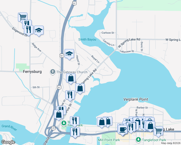 map of restaurants, bars, coffee shops, grocery stores, and more near 16827 West Spring Lake Road in Spring Lake