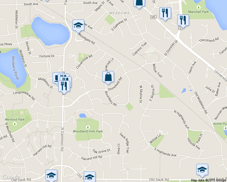 map of restaurants, bars, coffee shops, grocery stores, and more near 6353 Stonefield Road in Middleton