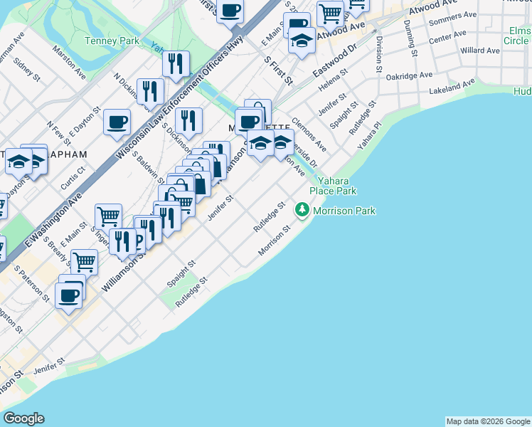 map of restaurants, bars, coffee shops, grocery stores, and more near 1418 Rutledge Street in Madison