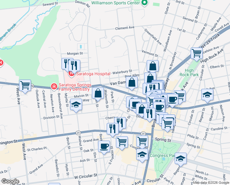 map of restaurants, bars, coffee shops, grocery stores, and more near 118 Church Street in Saratoga Springs