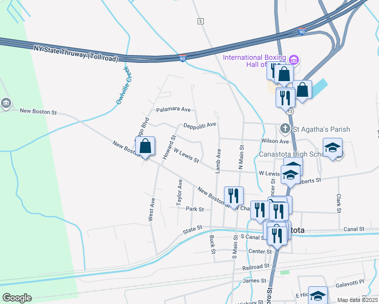 map of restaurants, bars, coffee shops, grocery stores, and more near 412 W Lewis St in Canastota