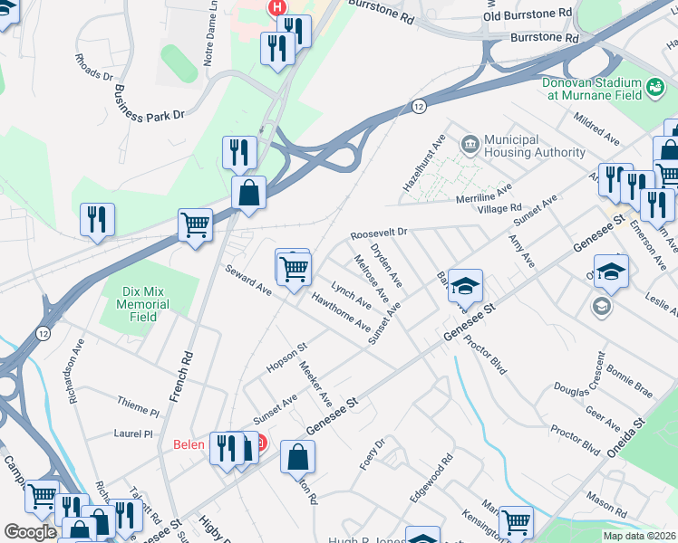 map of restaurants, bars, coffee shops, grocery stores, and more near 211 Roosevelt Drive in Utica
