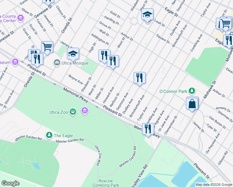 map of restaurants, bars, coffee shops, grocery stores, and more near 1642 Neilson Street in Utica