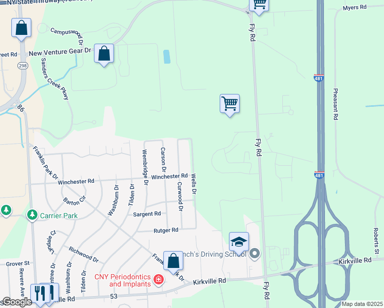 map of restaurants, bars, coffee shops, grocery stores, and more near 6465 Wells Drive in East Syracuse