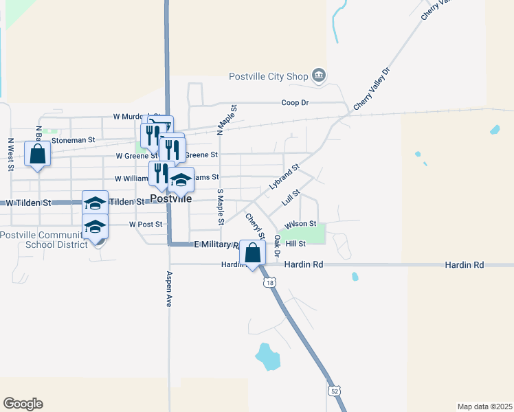 map of restaurants, bars, coffee shops, grocery stores, and more near 212 Oak Drive in Postville