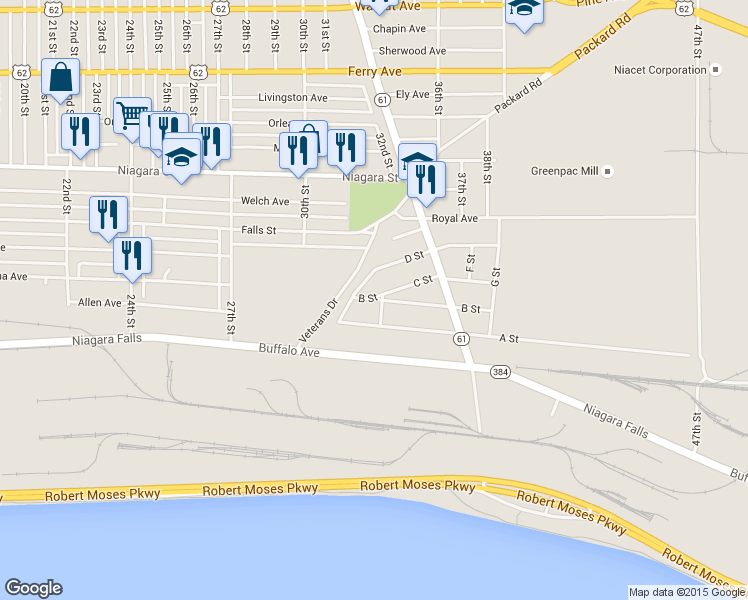 map of restaurants, bars, coffee shops, grocery stores, and more near 42 B Street in Niagara Falls