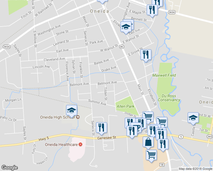 map of restaurants, bars, coffee shops, grocery stores, and more near 243 Belmont Avenue in Oneida