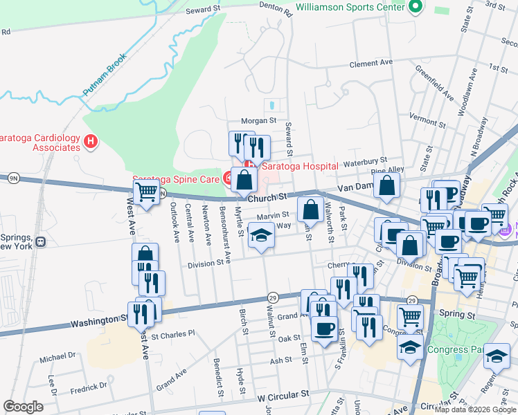 map of restaurants, bars, coffee shops, grocery stores, and more near McNeary Alley in Saratoga Springs