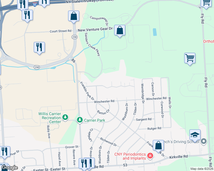 map of restaurants, bars, coffee shops, grocery stores, and more near 201 Deerfield Road in East Syracuse