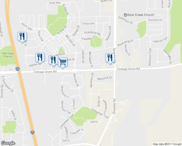 map of restaurants, bars, coffee shops, grocery stores, and more near 1002 Severson Drive in Madison