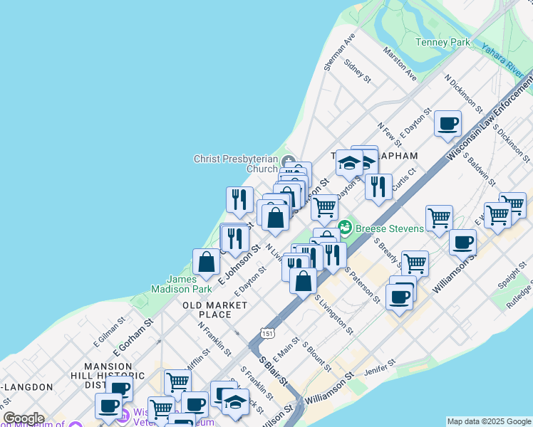 map of restaurants, bars, coffee shops, grocery stores, and more near 827 East Gorham Street in Madison