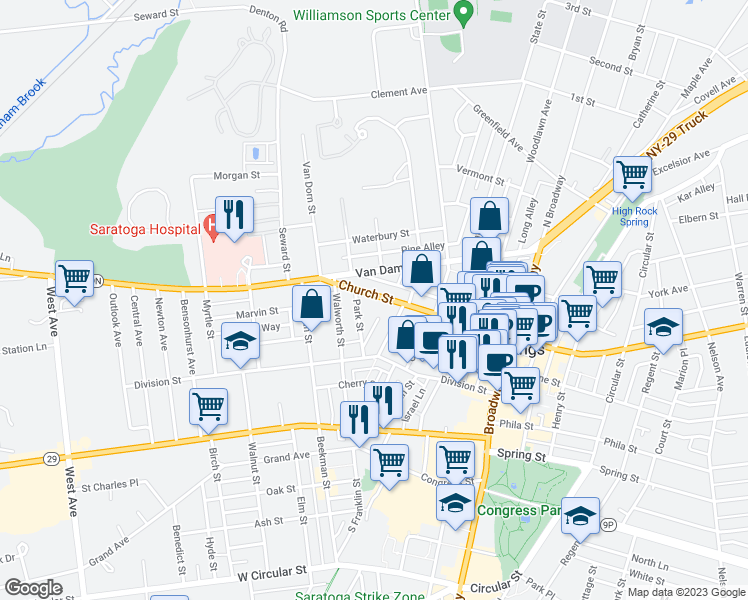 map of restaurants, bars, coffee shops, grocery stores, and more near 114 Church Street in Saratoga Springs