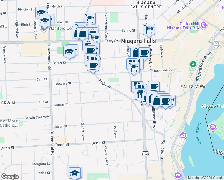 map of restaurants, bars, coffee shops, grocery stores, and more near 6219 Main Street in Niagara Falls