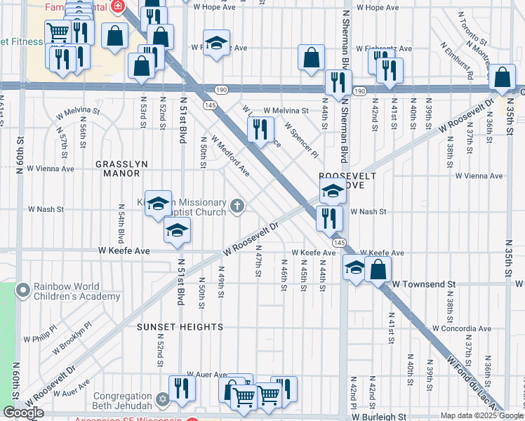 map of restaurants, bars, coffee shops, grocery stores, and more near 4696 West Scranton Place in Milwaukee