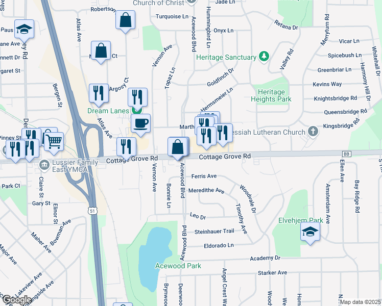 map of restaurants, bars, coffee shops, grocery stores, and more near 951 Acewood Boulevard in Madison