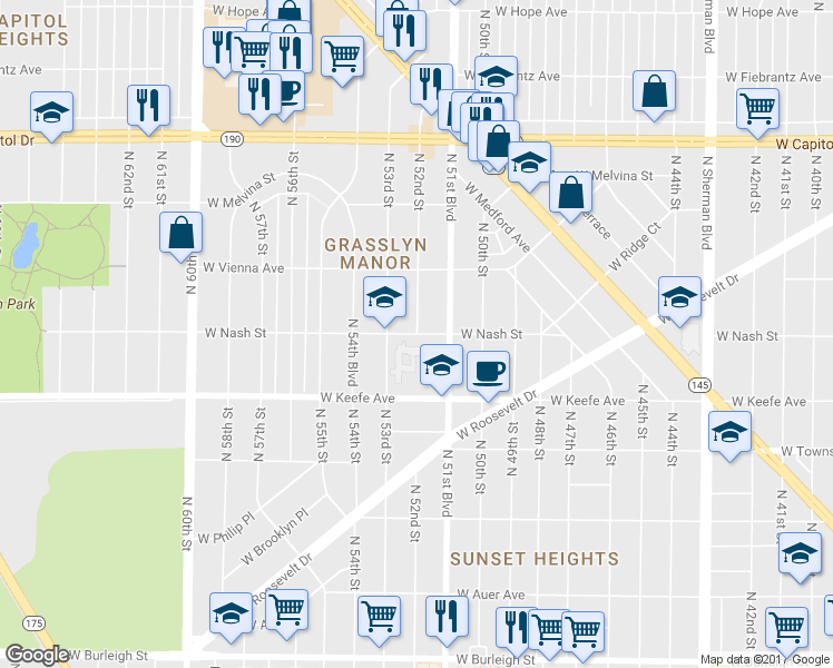 map of restaurants, bars, coffee shops, grocery stores, and more near 3518 North 53rd Street in Milwaukee