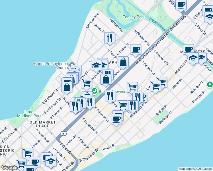 map of restaurants, bars, coffee shops, grocery stores, and more near 1028 East Washington Avenue in Madison