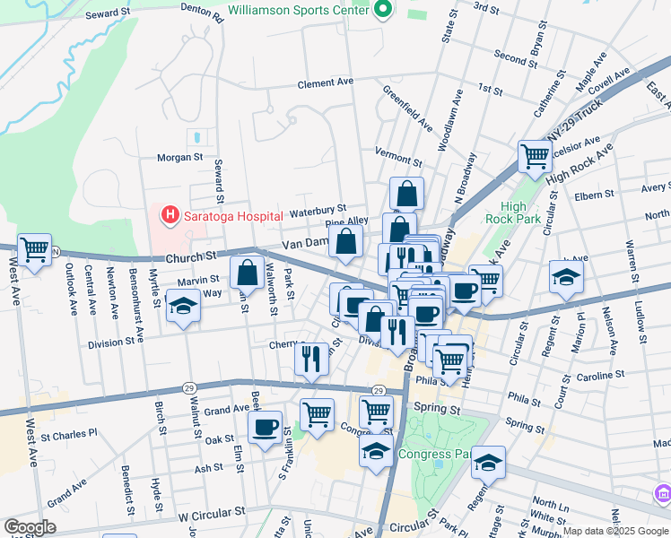 map of restaurants, bars, coffee shops, grocery stores, and more near 25 Lawrence Street in Saratoga Springs