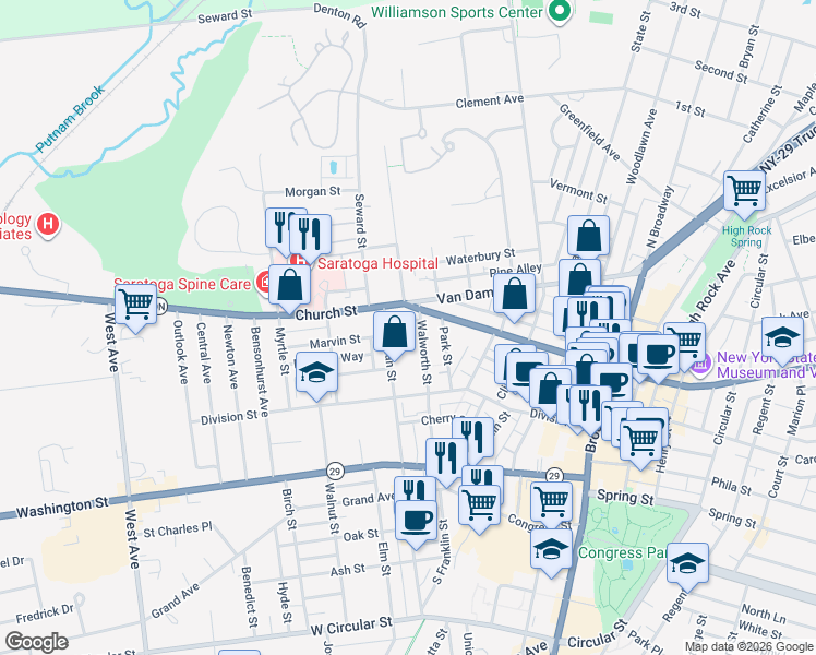 map of restaurants, bars, coffee shops, grocery stores, and more near 101 Walworth Street in Saratoga Springs
