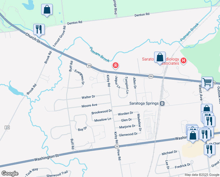 map of restaurants, bars, coffee shops, grocery stores, and more near 14 Kirby Road in Saratoga Springs