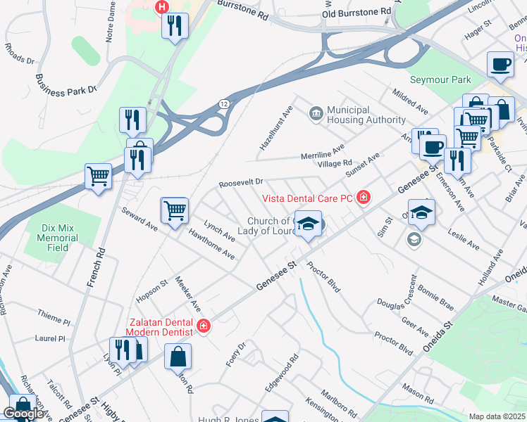 map of restaurants, bars, coffee shops, grocery stores, and more near 104 Cornwall Avenue in Utica