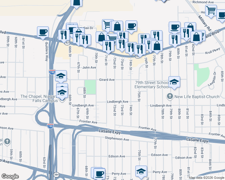 map of restaurants, bars, coffee shops, grocery stores, and more near 543 71st Street in Niagara Falls