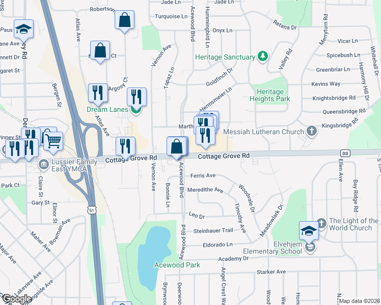 map of restaurants, bars, coffee shops, grocery stores, and more near 951 Acewood Boulevard in Madison