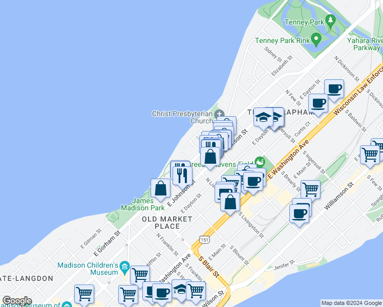 map of restaurants, bars, coffee shops, grocery stores, and more near 810 East Gorham Street in Madison
