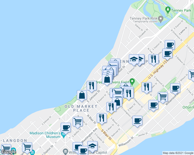 map of restaurants, bars, coffee shops, grocery stores, and more near 810 East Gorham Street in Madison