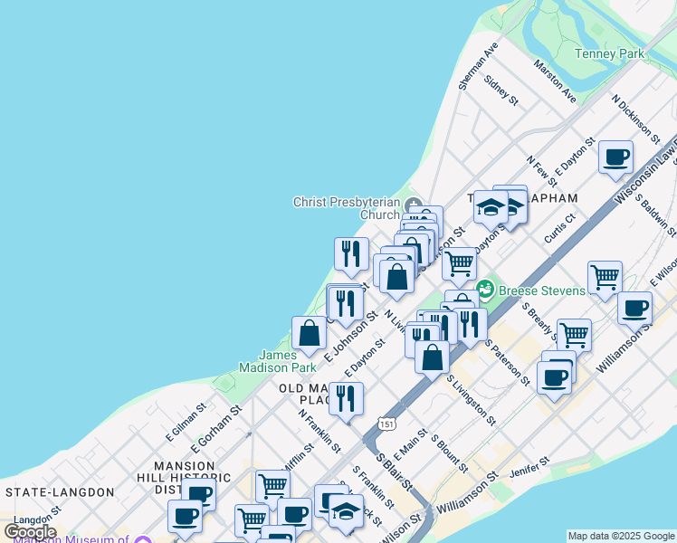 map of restaurants, bars, coffee shops, grocery stores, and more near 752 East Gorham Street in Madison