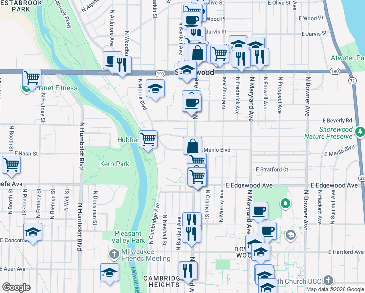 map of restaurants, bars, coffee shops, grocery stores, and more near 3601 North Oakland Avenue in Shorewood
