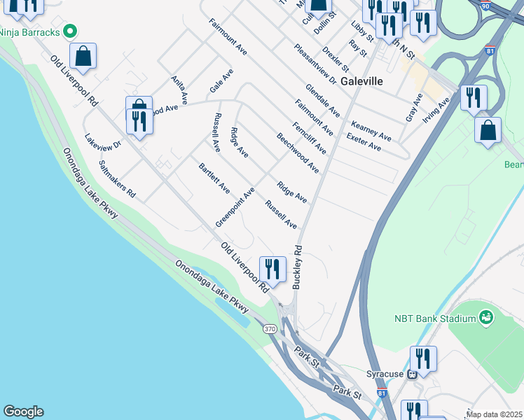 map of restaurants, bars, coffee shops, grocery stores, and more near 119 Russell Ave in Liverpool