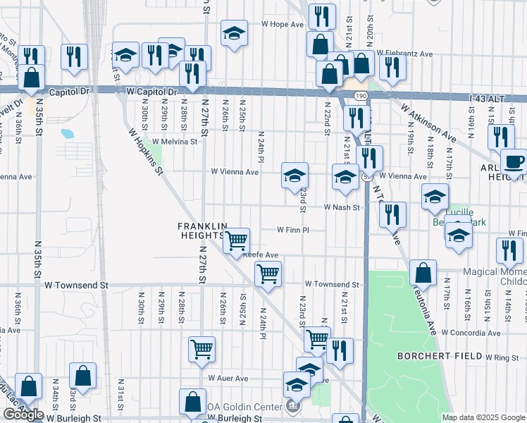 map of restaurants, bars, coffee shops, grocery stores, and more near 3634 North 24th Place in Milwaukee