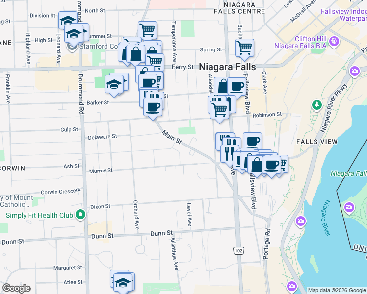 map of restaurants, bars, coffee shops, grocery stores, and more near 6215 Main Street in Niagara Falls