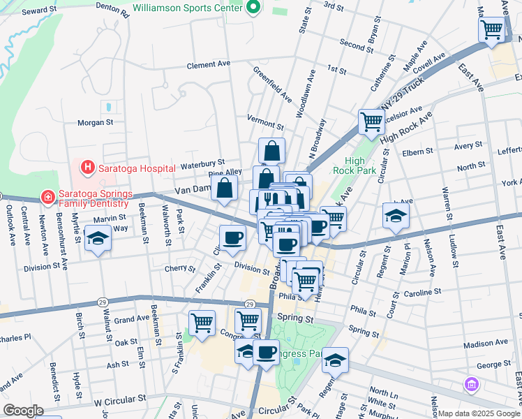 map of restaurants, bars, coffee shops, grocery stores, and more near 37 Woodlawn Avenue in Saratoga Springs