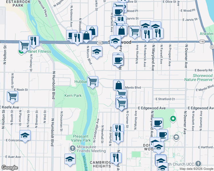map of restaurants, bars, coffee shops, grocery stores, and more near 1606 East Menlo Boulevard in Shorewood