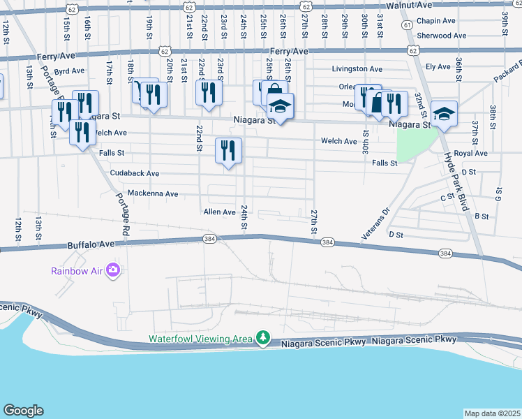 map of restaurants, bars, coffee shops, grocery stores, and more near 2414 Allen Avenue in Niagara Falls