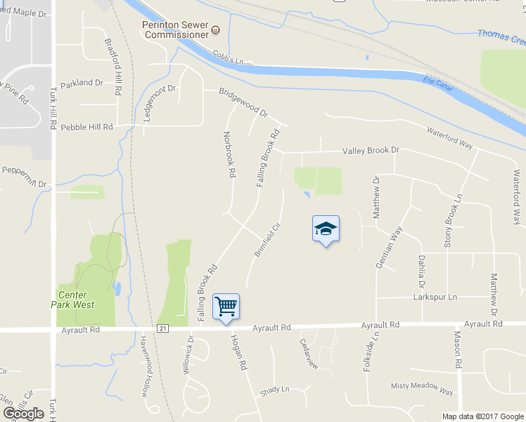 map of restaurants, bars, coffee shops, grocery stores, and more near 46 Falling Brook Road in Fairport