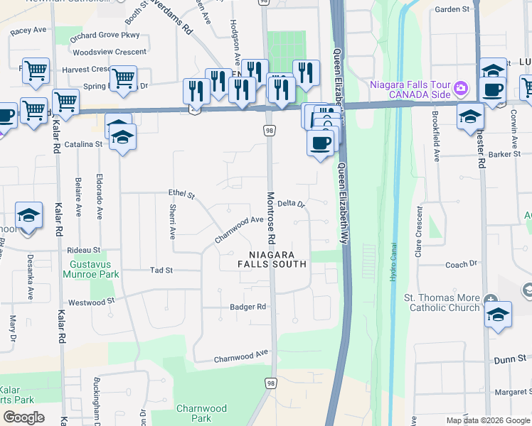 map of restaurants, bars, coffee shops, grocery stores, and more near 6233 Montrose Road in Niagara Falls