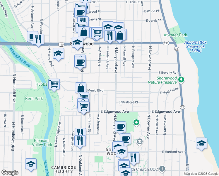 map of restaurants, bars, coffee shops, grocery stores, and more near 2106 East Menlo Boulevard in Shorewood