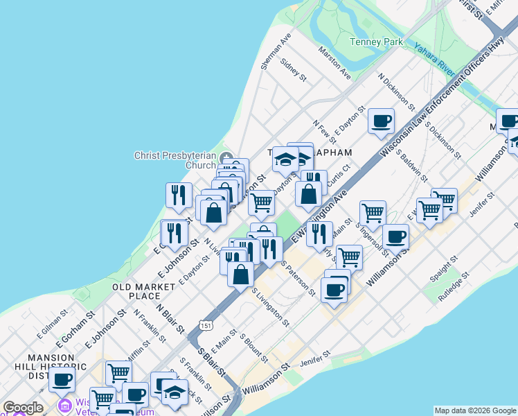 map of restaurants, bars, coffee shops, grocery stores, and more near 930 East Dayton Street in Madison