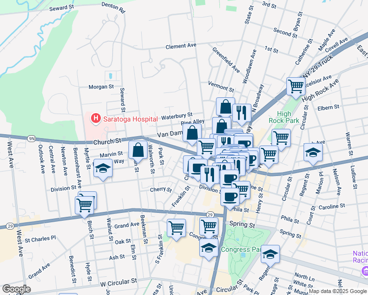 map of restaurants, bars, coffee shops, grocery stores, and more near 25 Lawrence Street in Saratoga Springs