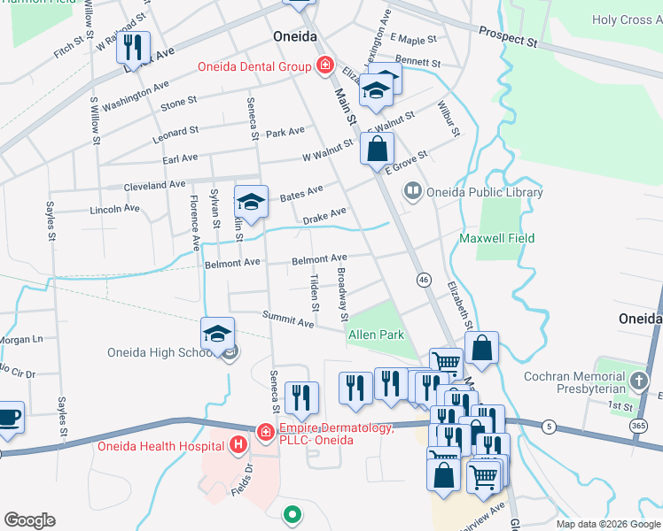 map of restaurants, bars, coffee shops, grocery stores, and more near 231 Belmont Ave in Oneida